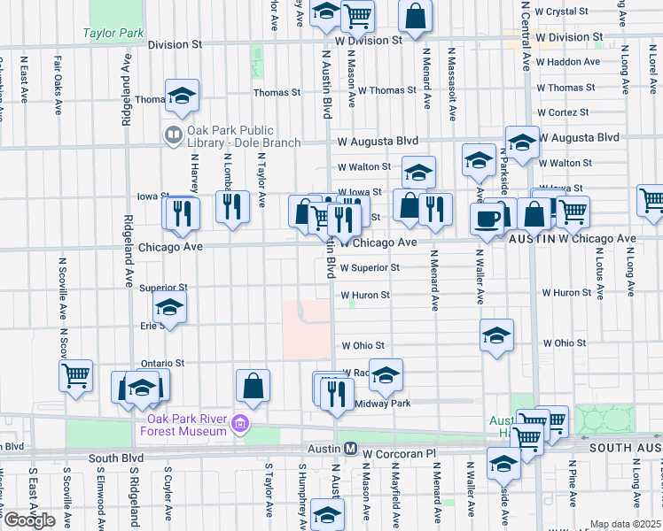 map of restaurants, bars, coffee shops, grocery stores, and more near 700 North Austin Boulevard in Oak Park