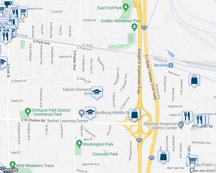 map of restaurants, bars, coffee shops, grocery stores, and more near 393 Huntington Lane in Elmhurst
