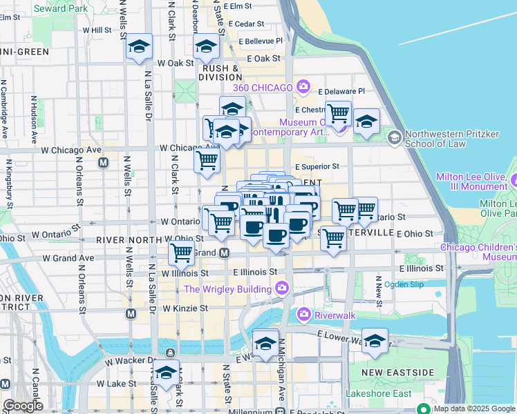 map of restaurants, bars, coffee shops, grocery stores, and more near 55 East Erie Street in Chicago