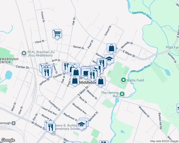 map of restaurants, bars, coffee shops, grocery stores, and more near 38 Peirce Street in Middleborough