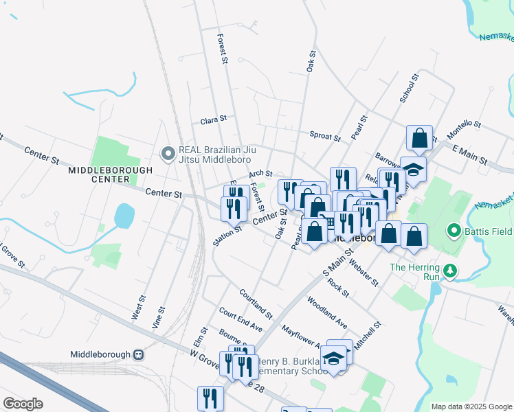 map of restaurants, bars, coffee shops, grocery stores, and more near 369 Center Street in Middleborough