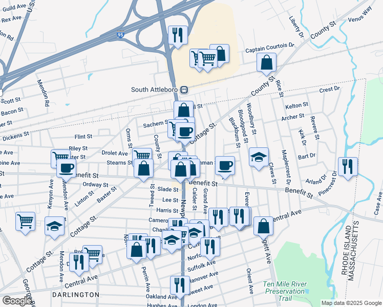 map of restaurants, bars, coffee shops, grocery stores, and more near 1479 Newport Avenue in Pawtucket