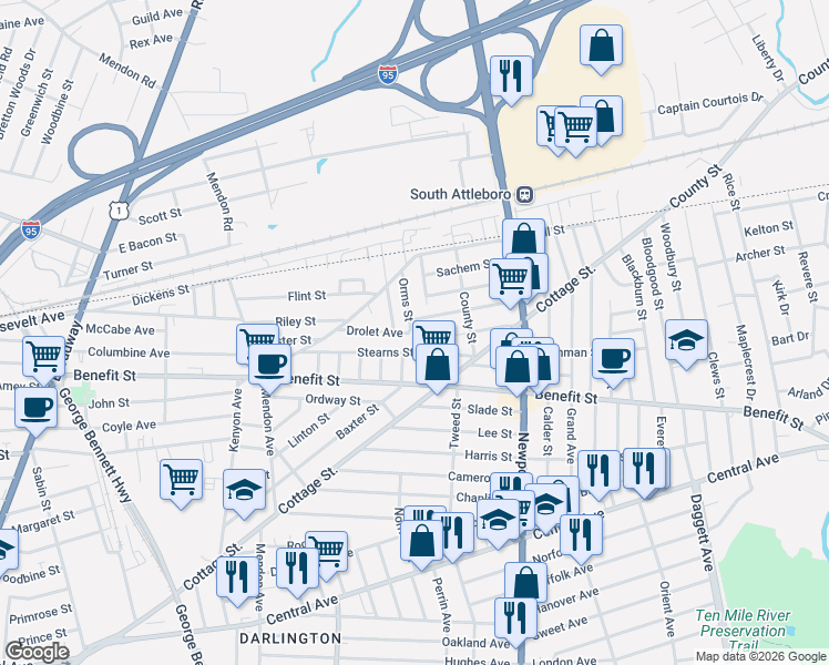 map of restaurants, bars, coffee shops, grocery stores, and more near 110 Stearns Street in Pawtucket