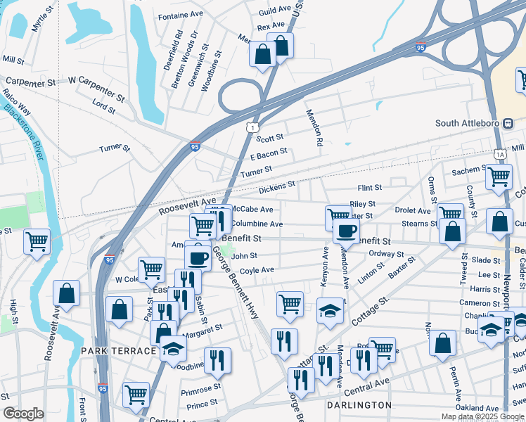 map of restaurants, bars, coffee shops, grocery stores, and more near 82 Columbine Avenue in Pawtucket