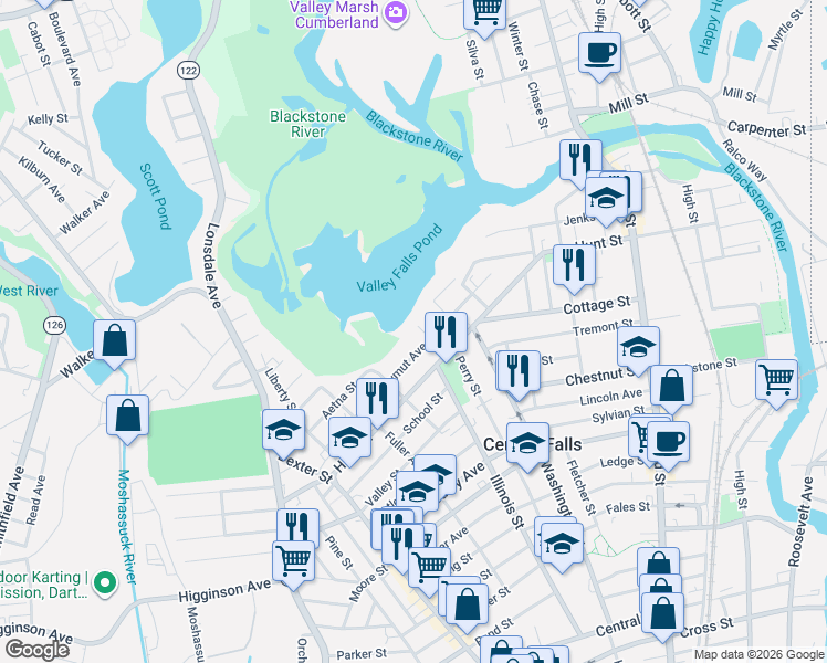 map of restaurants, bars, coffee shops, grocery stores, and more near 145 Shawmut Avenue in Central Falls