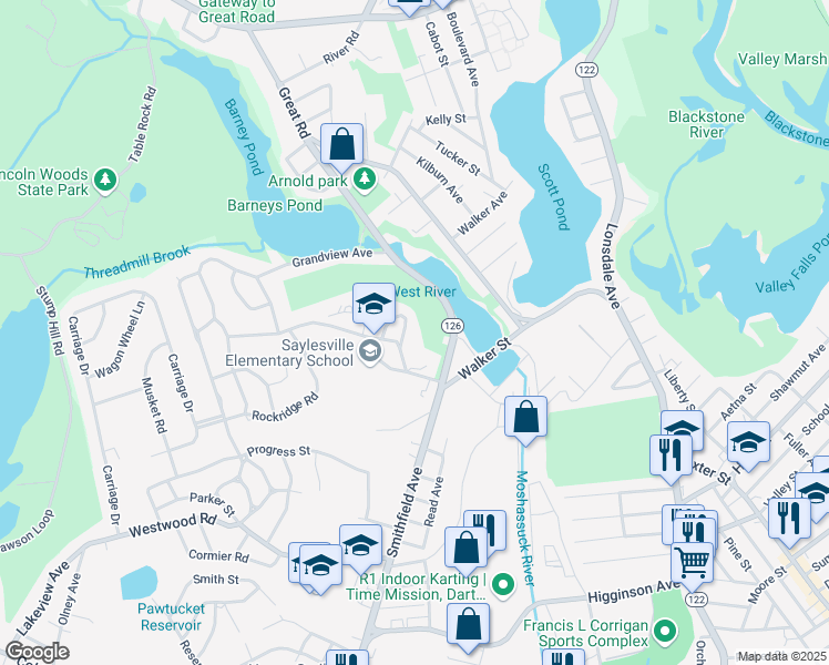 map of restaurants, bars, coffee shops, grocery stores, and more near 10 Woodland Court in Lincoln