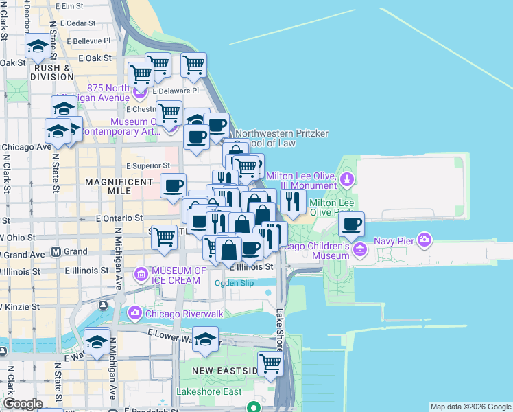 map of restaurants, bars, coffee shops, grocery stores, and more near 644 North Lake Shore Drive in Chicago