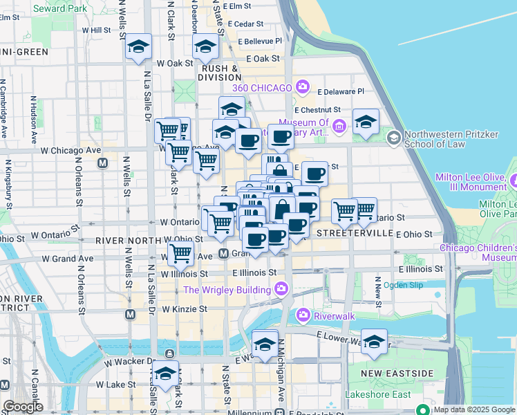 map of restaurants, bars, coffee shops, grocery stores, and more near 101 East Erie Street in Chicago