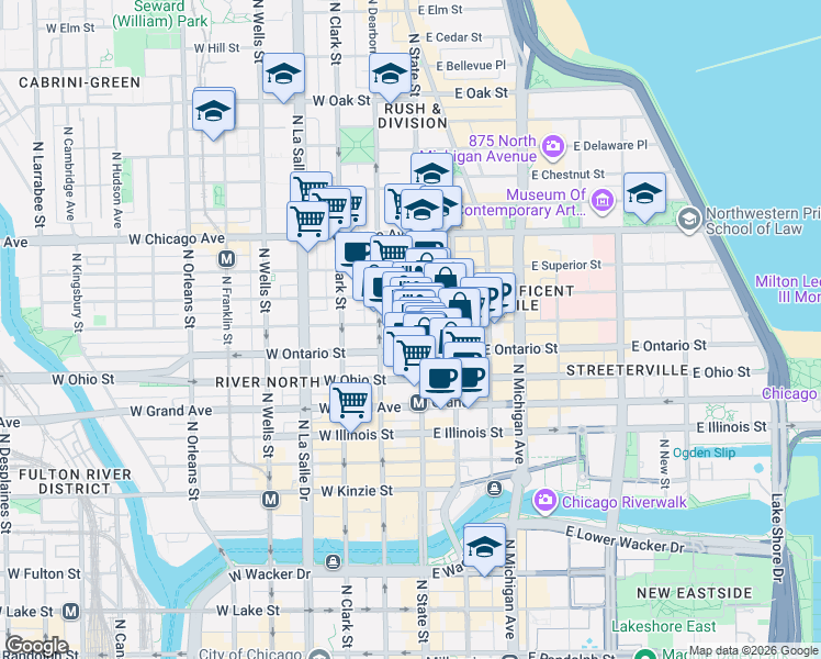map of restaurants, bars, coffee shops, grocery stores, and more near in Chicago