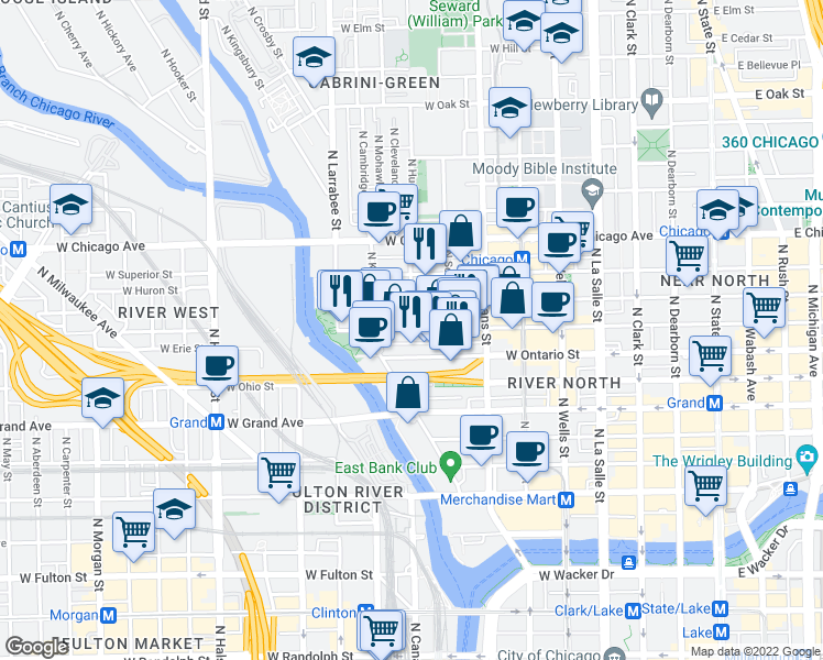 map of restaurants, bars, coffee shops, grocery stores, and more near 435 West Erie Street in Chicago