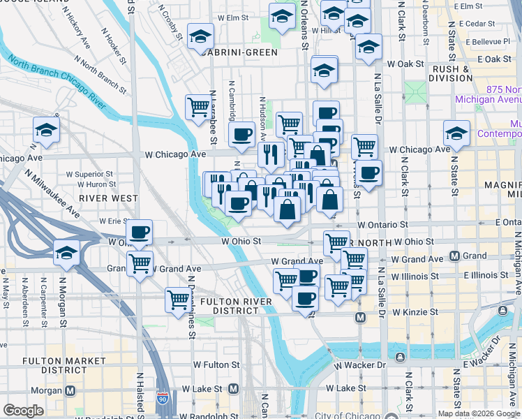 map of restaurants, bars, coffee shops, grocery stores, and more near 435 West Erie Street in Chicago