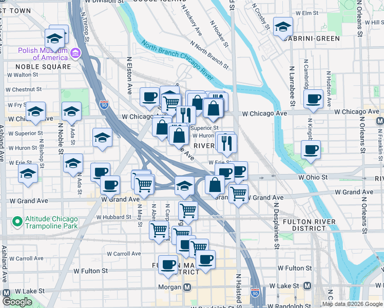 map of restaurants, bars, coffee shops, grocery stores, and more near 649 North Milwaukee Avenue in Chicago