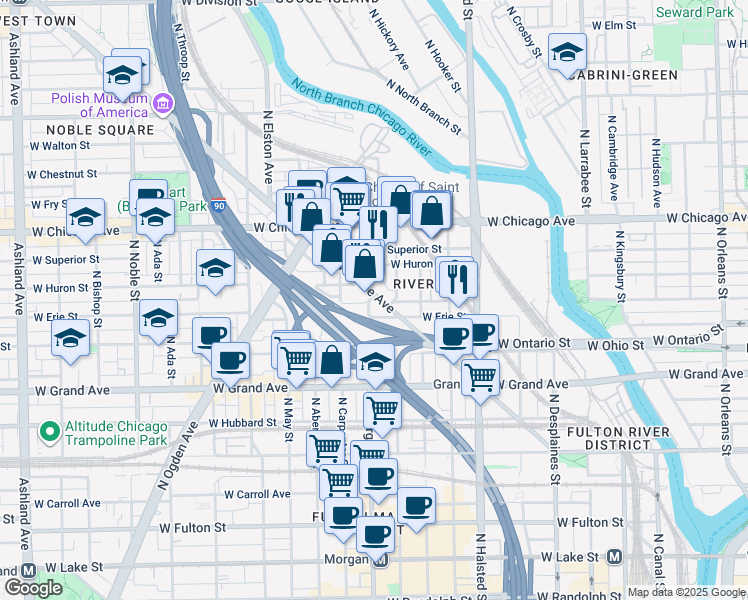 map of restaurants, bars, coffee shops, grocery stores, and more near 648 North Morgan Street in Chicago