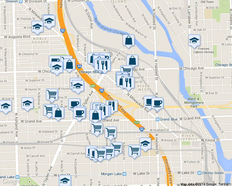 map of restaurants, bars, coffee shops, grocery stores, and more near 646 North Carpenter Street in Chicago