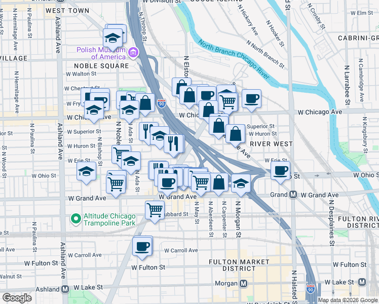 map of restaurants, bars, coffee shops, grocery stores, and more near 1152 West Erie Street in Chicago
