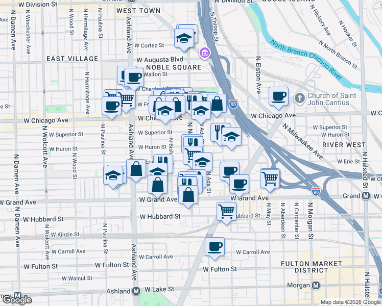 map of restaurants, bars, coffee shops, grocery stores, and more near 1416 West Erie Street in Chicago
