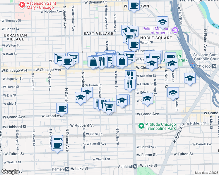 map of restaurants, bars, coffee shops, grocery stores, and more near 1718 West Erie Street in Chicago