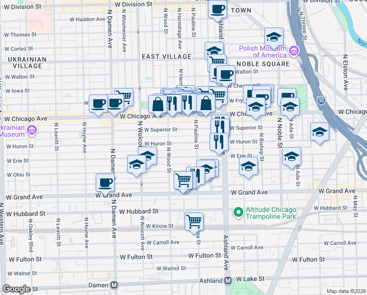 map of restaurants, bars, coffee shops, grocery stores, and more near 1718 West Erie Street in Chicago