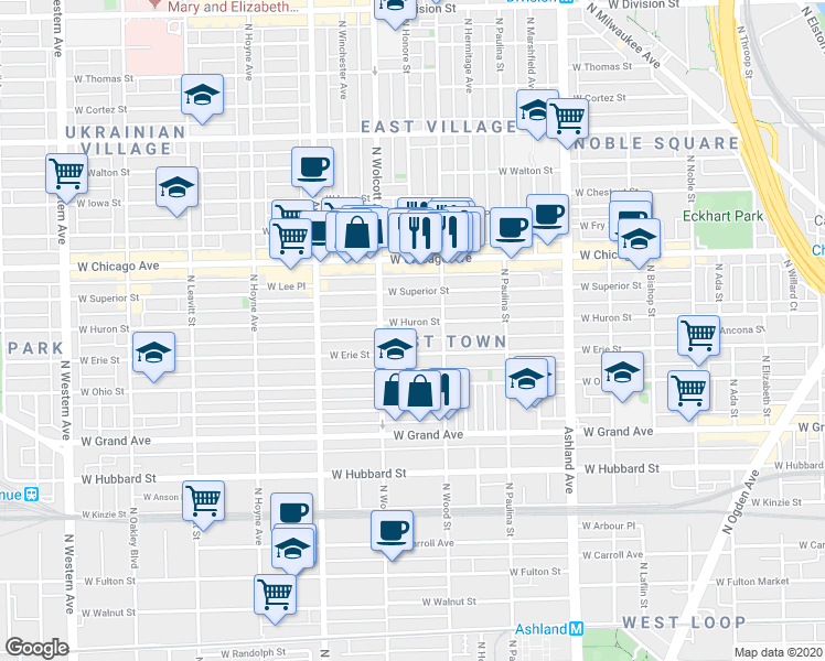 map of restaurants, bars, coffee shops, grocery stores, and more near 1836 West Erie Street in Chicago