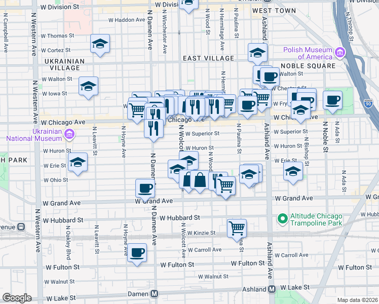 map of restaurants, bars, coffee shops, grocery stores, and more near 1836 West Erie Street in Chicago