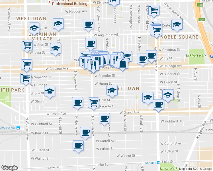 map of restaurants, bars, coffee shops, grocery stores, and more near 1910 West Erie Street in Chicago