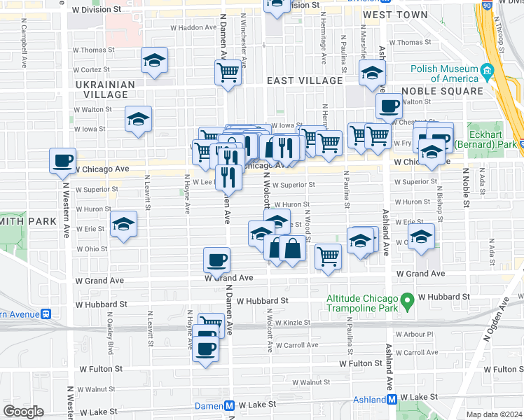 map of restaurants, bars, coffee shops, grocery stores, and more near 1910 West Erie Street in Chicago