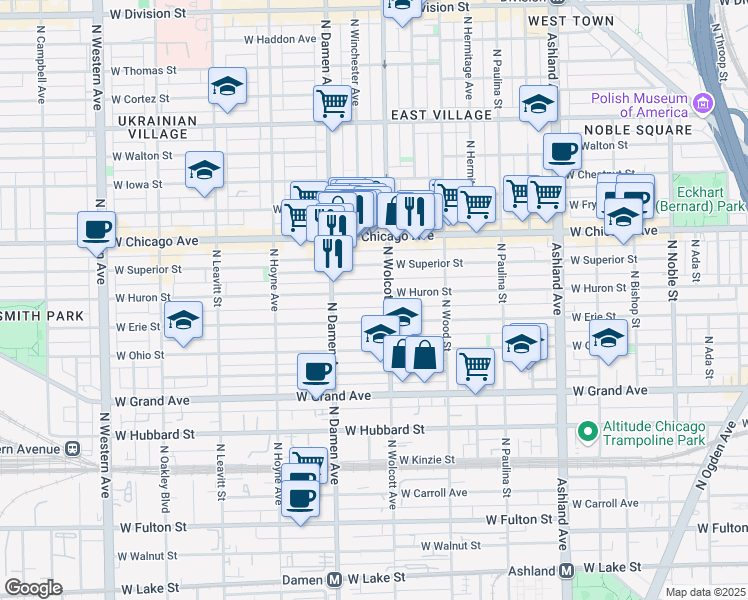 map of restaurants, bars, coffee shops, grocery stores, and more near 1910 West Erie Street in Chicago