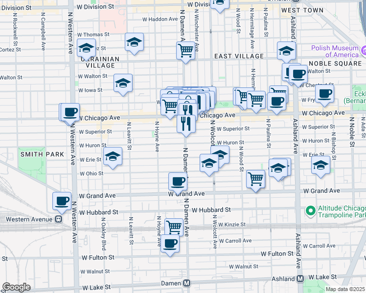 map of restaurants, bars, coffee shops, grocery stores, and more near in Chicago