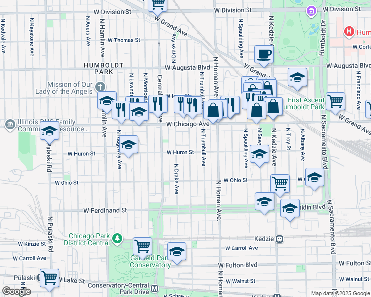 map of restaurants, bars, coffee shops, grocery stores, and more near 3503 West Huron Street in Chicago