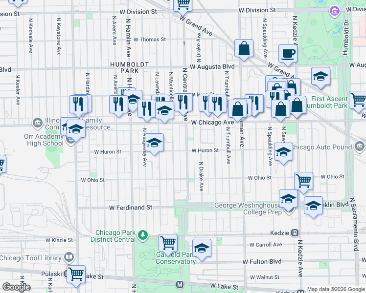 map of restaurants, bars, coffee shops, grocery stores, and more near 657 North Monticello Avenue in Chicago