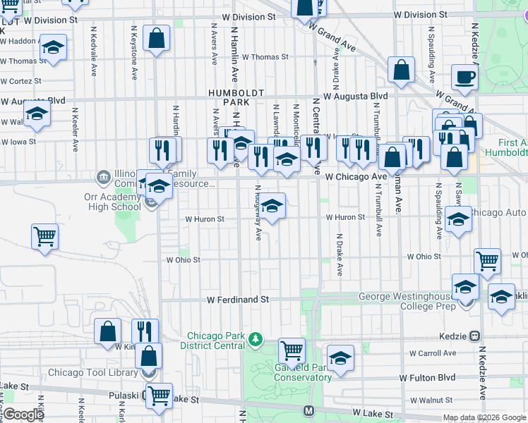 map of restaurants, bars, coffee shops, grocery stores, and more near 658 North Ridgeway Avenue in Chicago