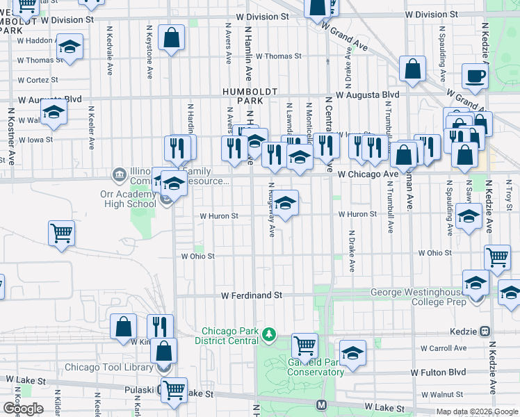 map of restaurants, bars, coffee shops, grocery stores, and more near 658 North Ridgeway Avenue in Chicago