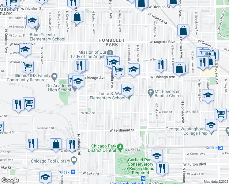 map of restaurants, bars, coffee shops, grocery stores, and more near 3805 West Huron Street in Chicago