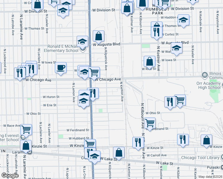 map of restaurants, bars, coffee shops, grocery stores, and more near 4634 West Huron Street in Chicago