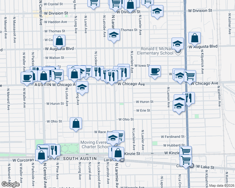 map of restaurants, bars, coffee shops, grocery stores, and more near 712 North Leamington Avenue in Chicago