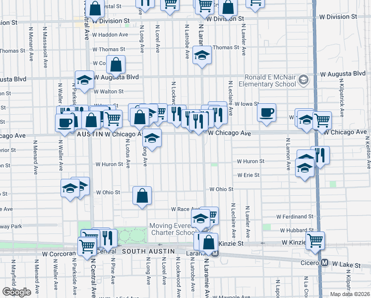 map of restaurants, bars, coffee shops, grocery stores, and more near 717 North Lockwood Avenue in Chicago