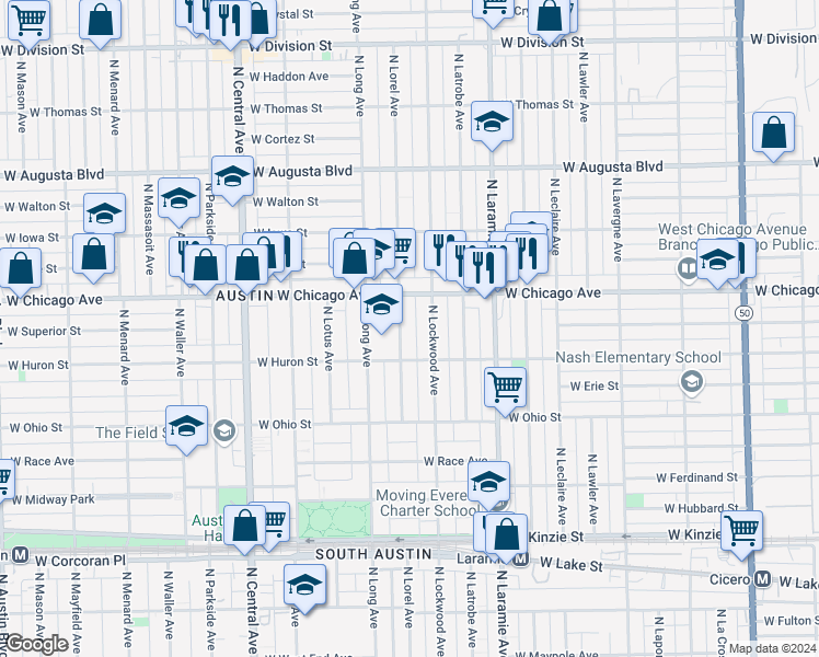 map of restaurants, bars, coffee shops, grocery stores, and more near 715 North Lorel Avenue in Chicago