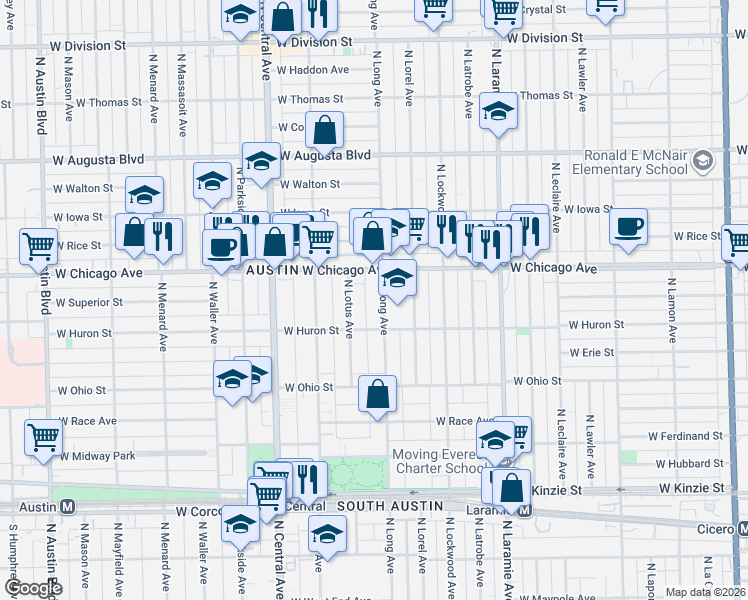 map of restaurants, bars, coffee shops, grocery stores, and more near 714 North Long Avenue in Chicago