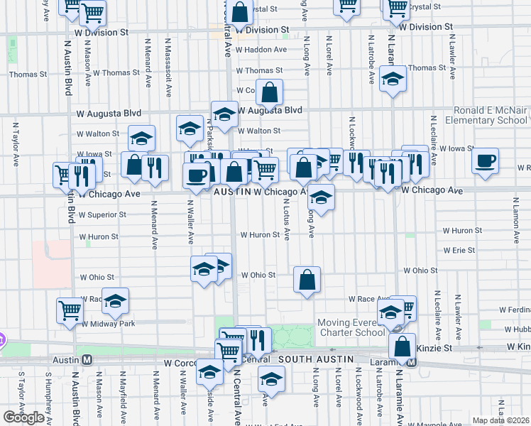 map of restaurants, bars, coffee shops, grocery stores, and more near in Chicago