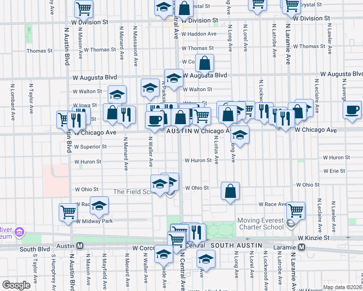 map of restaurants, bars, coffee shops, grocery stores, and more near 715 North Central Avenue in Chicago