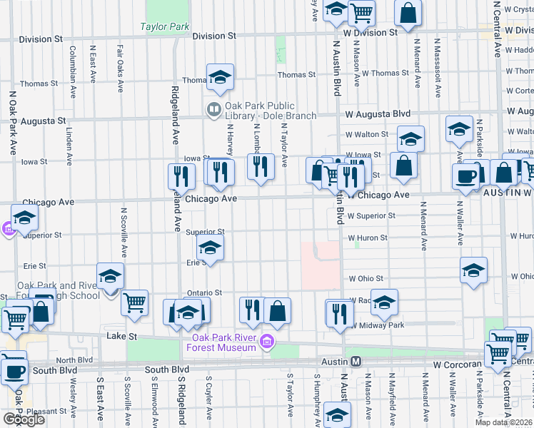 map of restaurants, bars, coffee shops, grocery stores, and more near 401 North Lombard Avenue in Oak Park