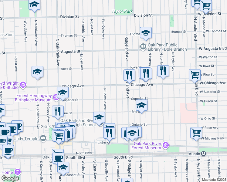 map of restaurants, bars, coffee shops, grocery stores, and more near in Oak Park