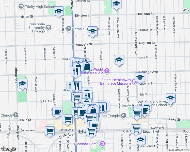 map of restaurants, bars, coffee shops, grocery stores, and more near 411 Forest Avenue in Oak Park