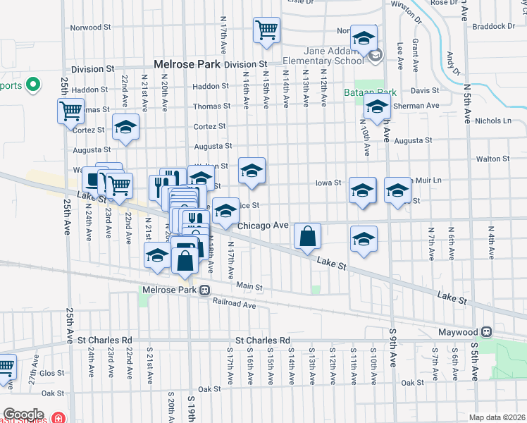 map of restaurants, bars, coffee shops, grocery stores, and more near 702 North 15th Avenue in Melrose Park