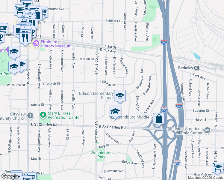 map of restaurants, bars, coffee shops, grocery stores, and more near 345 Huntington Lane in Elmhurst