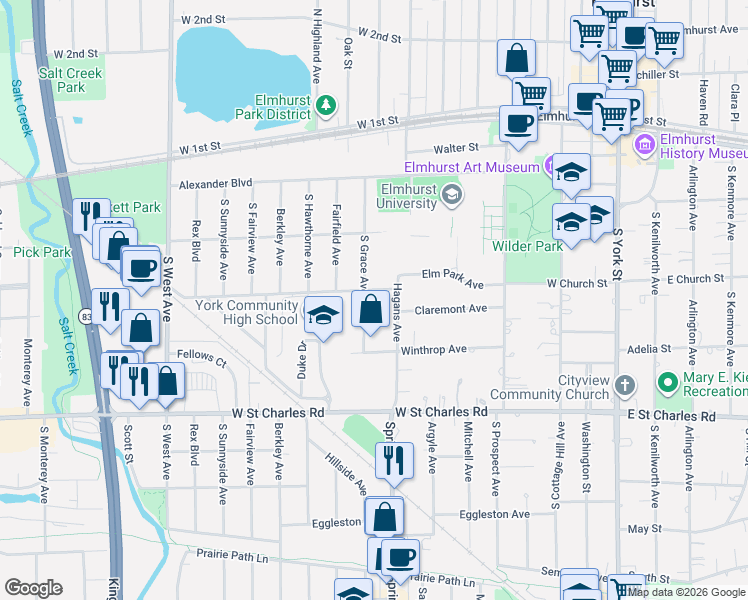 map of restaurants, bars, coffee shops, grocery stores, and more near 266 South Grace Avenue in Elmhurst