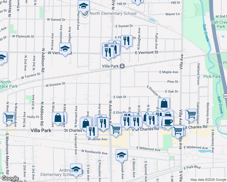 map of restaurants, bars, coffee shops, grocery stores, and more near 206 North Cornell Avenue in Villa Park