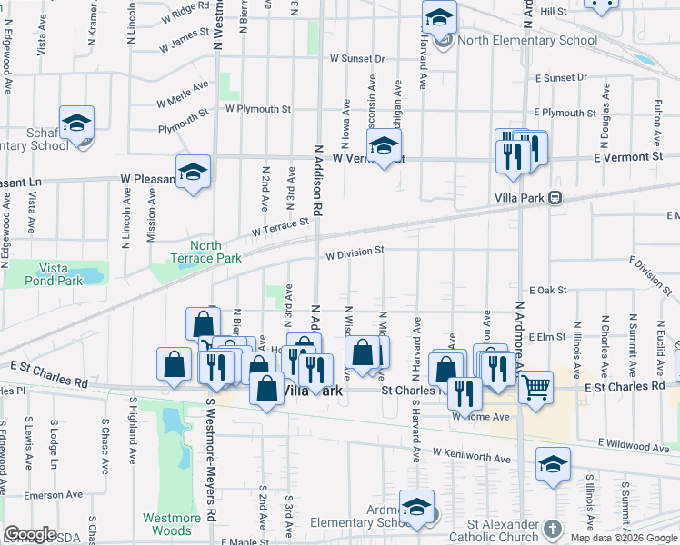 map of restaurants, bars, coffee shops, grocery stores, and more near 225 North Wisconsin Avenue in Villa Park