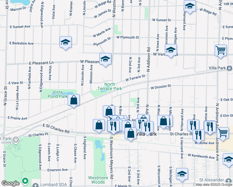 map of restaurants, bars, coffee shops, grocery stores, and more near 222 North Biermann Avenue in Villa Park