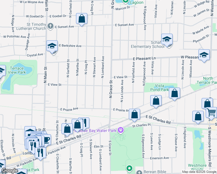map of restaurants, bars, coffee shops, grocery stores, and more near 301 North Grace Street in Lombard
